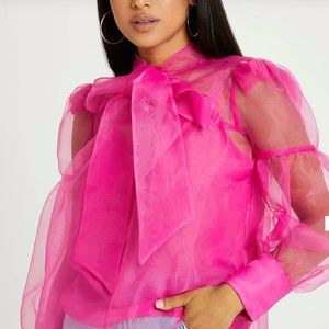 Pink Organza Pussybow Blouse - Petite